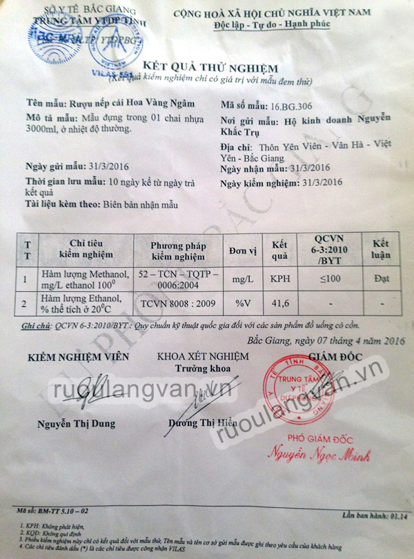 Kiểm định chất lượng rượu nếp cái hoa vàng