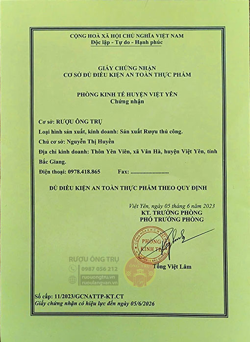 Giấy chứng nhận cơ sở đủ điều kiện VSATTP