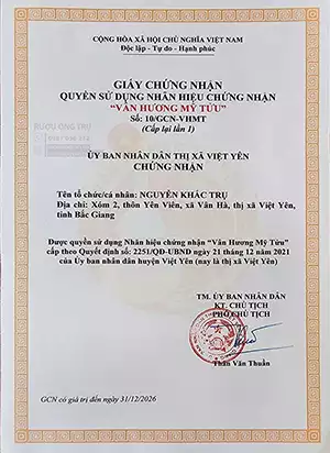 Chứng nhận Vân Hương Mỹ Tửu