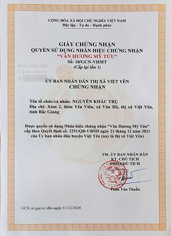 Giấy chứng nhận Vân Hương Mỹ Tửu