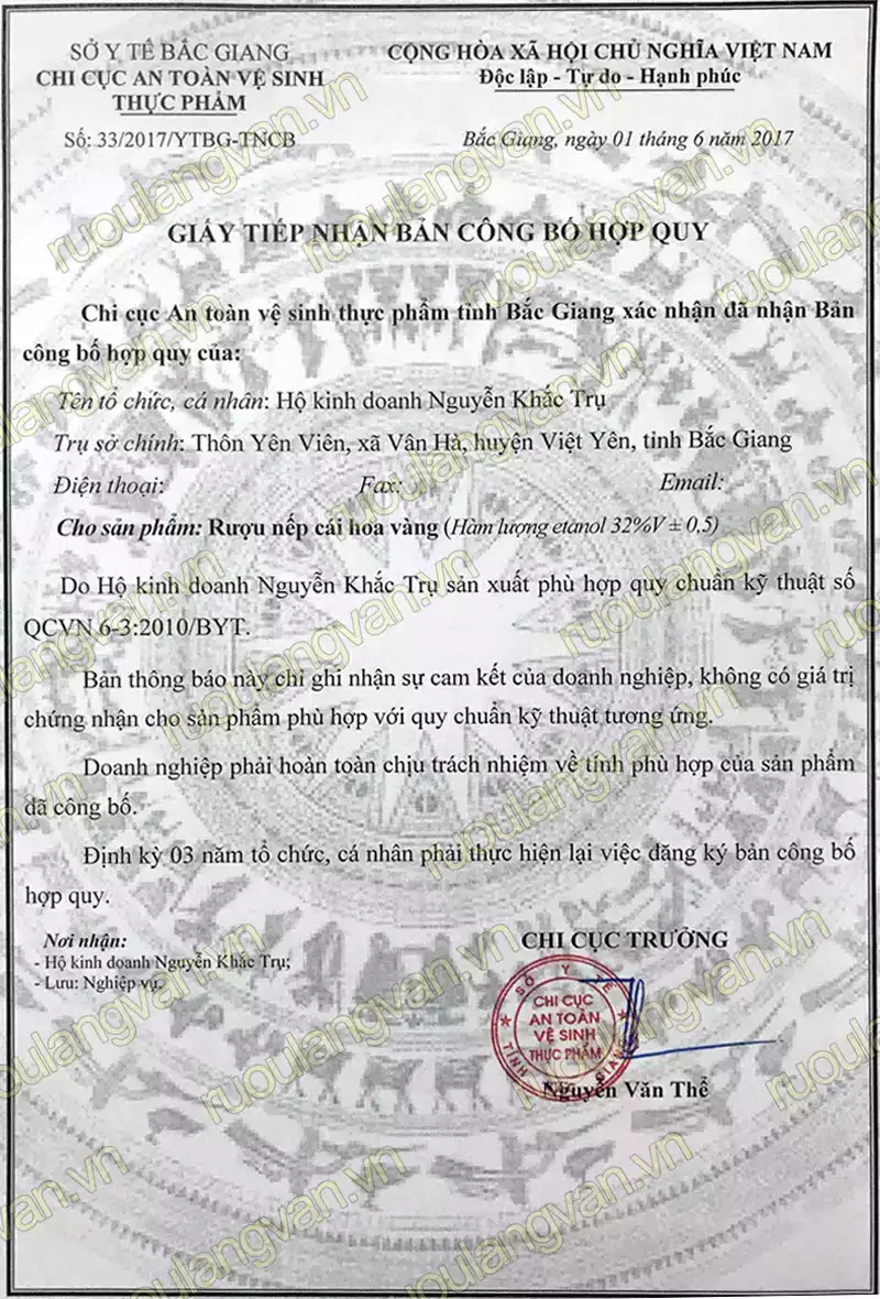 Giấy công bố hợp quy Rượu Ông Trụ